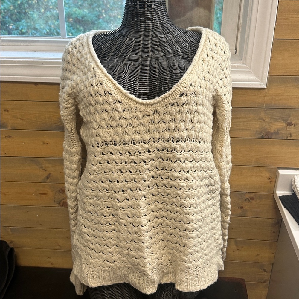 Free People Cream Open-Knit Scoop Neck Sweater